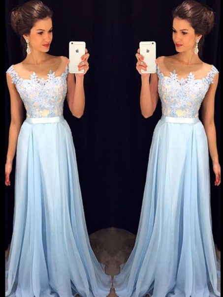 Long Blue Lace Chiffon See Through Prom Evening Formal Dresses 99602097