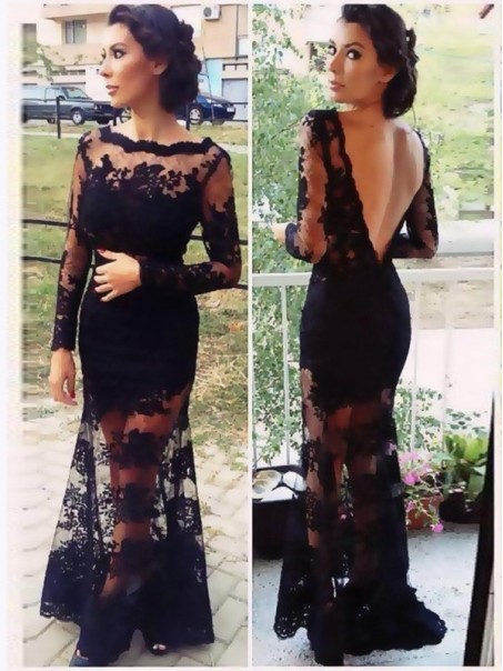 Long Sleeves Low V-Back Black Lace See Through Prom Evening Formal Dresses 99602098
