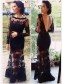 Long Sleeves Low V-Back Black Lace See Through Prom Evening Formal Dresses 99602098