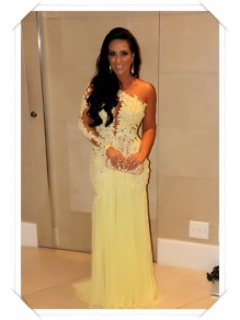 One Sleeve Long Yellow Lace Appliques See Through Prom Evening Formal Dresses 99602100