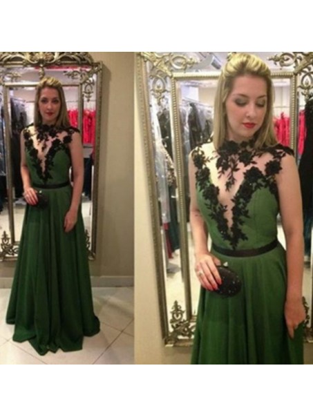 Long Green Chiffon Black Lace Appliques Prom Formal Evening Party Dresses 996021003
