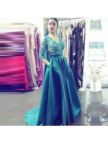 A-Line V-Neck Lace Appliques 3/4 Length Sleeves Mother of The Bride Formal Evening Dresses 996021024