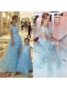 Long Blue Tulle Ball Gown Lace Prom Formal Evening Party Dresses 996021029