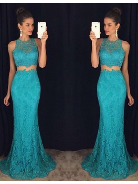 Trumpet/Mermaid Two Pieces Long Blue Lace Prom Evening Formal Dresses 99602103