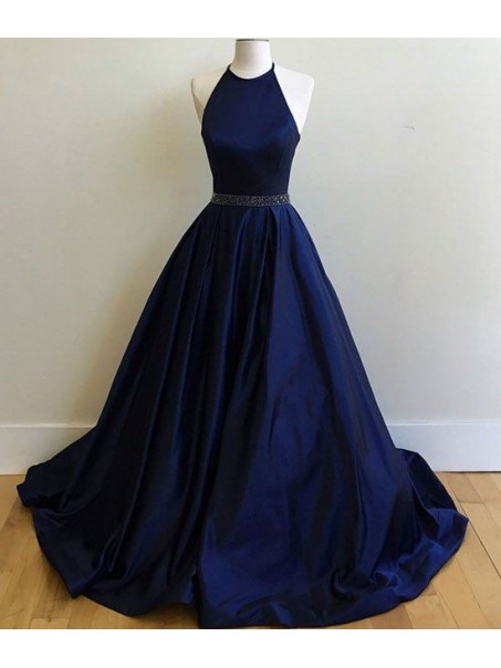 Long Blue Beaded Halter Prom Formal Evening Party Dresses 996021037