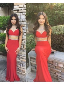 Beaded Long Red Two Pieces Prom Formal Evening Party Dresses 996021040
