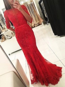 Long Red Beaded Lace Mermaid Prom Formal Evening Party Dresses 996021050