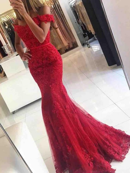 Long Red Beaded Lace Off-the-Shoulder Mermaid Prom Formal Evening Party Dresses 996021051