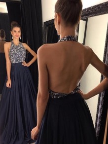 Beaded Halter Long Navy Blue Prom Formal Evening Party Dresses 996021052 Beaded Halter Long Navy Blue Prom Formal Evening Party Dresses 996021052