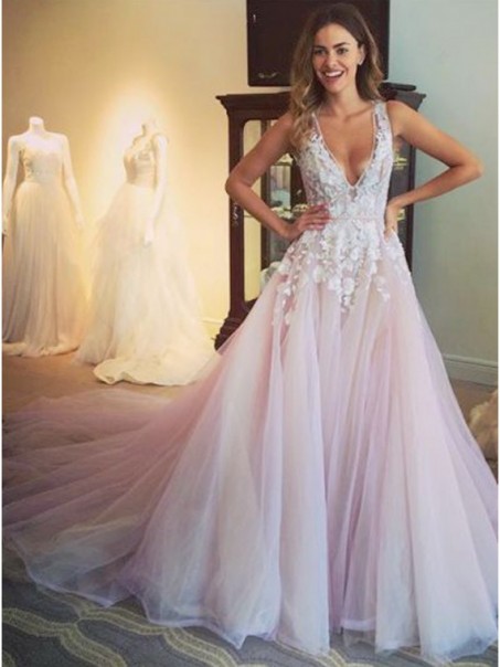 Elegant Lace V-Neck Long Prom Formal Evening Party Dresses 996021054