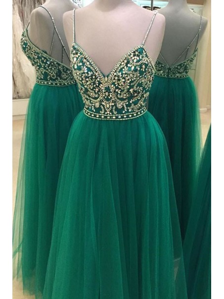 Beaded Long Green Spaghetti Straps Prom Formal Evening Party Dresses 996021055
