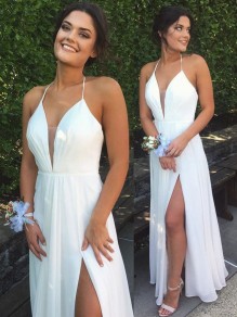 Long White V-Neck Side Slit Long Prom Formal Evening Party Dresses 996021057