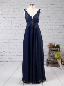 Long Navy Blue Lace Appliques Chiffon Prom Formal Evening Party Dresses 996021059