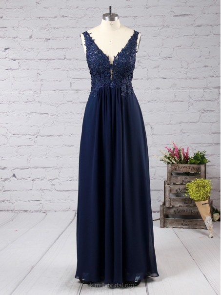 Long Navy Blue Lace Appliques Chiffon Prom Formal Evening Party Dresses 996021059