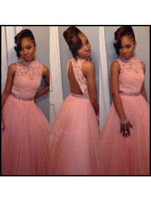 Beaded High Neck Lace Tulle Long Pink Prom Evening Formal Dresses 99602106 Beaded High Neck Lace Tulle Long Pink Prom Evening Formal Dresses 99602106