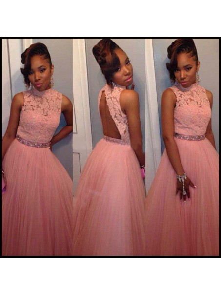 Beaded High Neck Lace Tulle Long Pink Prom Evening Formal Dresses 99602106