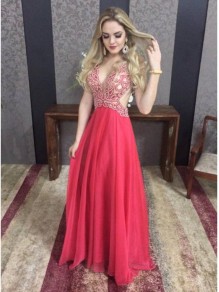 Long Red V-Neck Prom Formal Evening Party Dresses 996021066
