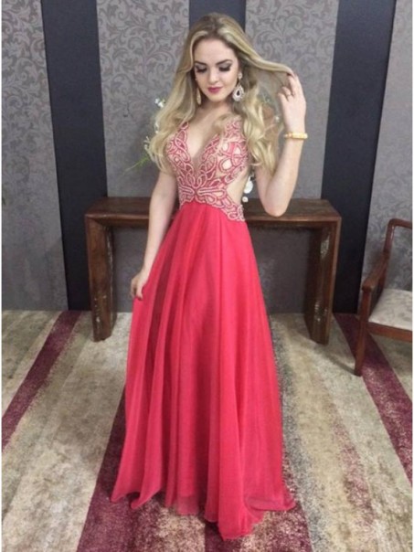 Long Red V-Neck Prom Formal Evening Party Dresses 996021066
