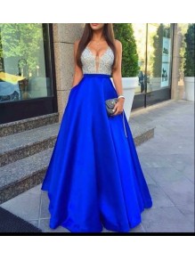 A-Line Silver Sequins Blue Satin Long Prom Evening Formal Dresses 99602107