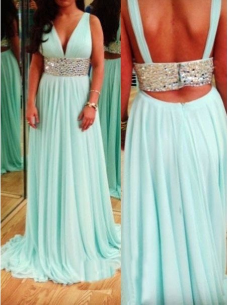 Beaded V-Neck Chiffon Long Prom Formal Evening Party Dresses 996021070
