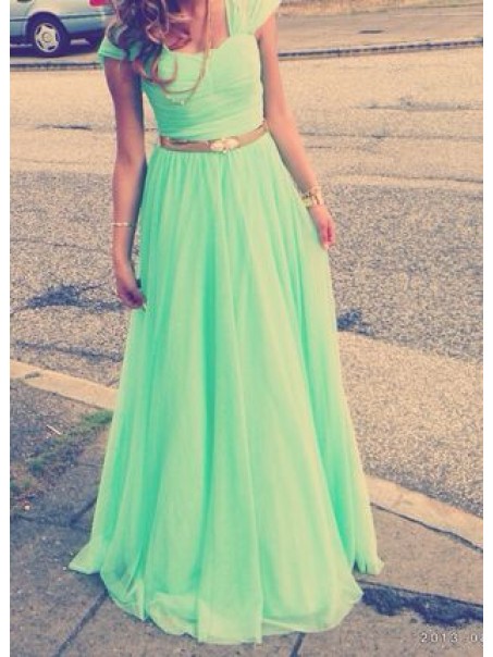 Cap-Sleeves Long Green Chiffon Prom Evening Formal Dresses 99602108