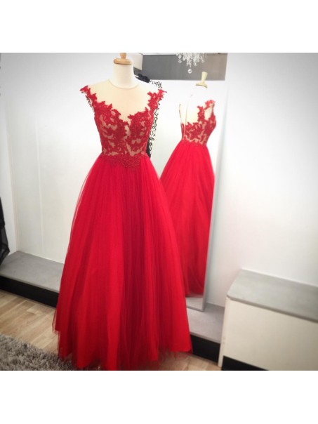 Long Red Lace Appliques Prom Formal Evening Party Dresses 996021084