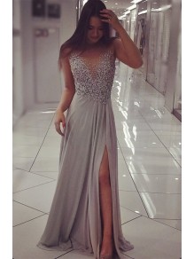 Grey Chiffon Sparkly Beaded Prom Formal Evening Party Dresses with Slit 996021088 Grey Chiffon Sparkly Beaded Prom Formal Evening Party Dresses with Slit 996021088