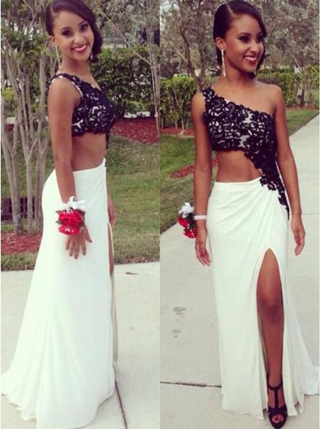 Black Lace White One-Shoulder Long Prom Formal Evening Party Dresses 996021089