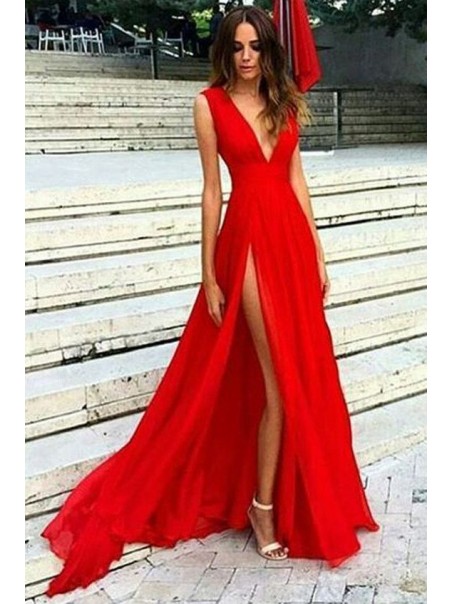 Long Red Deep V-Neck Prom Formal Evening Party Dresses 996021096