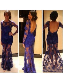Long Sleeves Low V-Back See Through Royal Blue Lace Appliques Prom Evening Formal Dresses 99602110 Long Sleeves Low V-Back See Through Royal Blue Lace Appliques Prom Evening Formal Dresses 99602110
