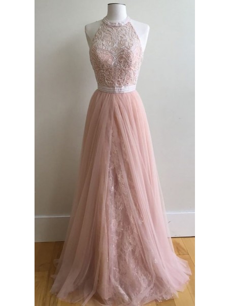 Long Pink Halter Lace Prom Formal Evening Party Dresses 996021100