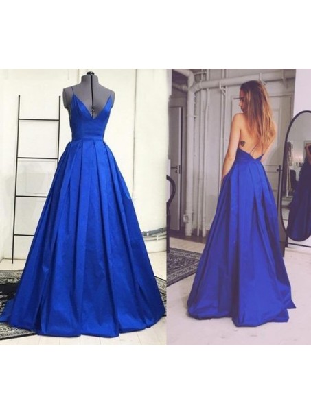 Long Blue Spaghetti Straps V-Neck Prom Formal Evening Party Dresses 996021102