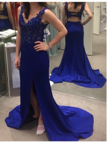 Long Blue Lace Appliques Prom Formal Evening Party Dresses 996021109 Long Blue Lace Appliques Prom Formal Evening Party Dresses 996021109