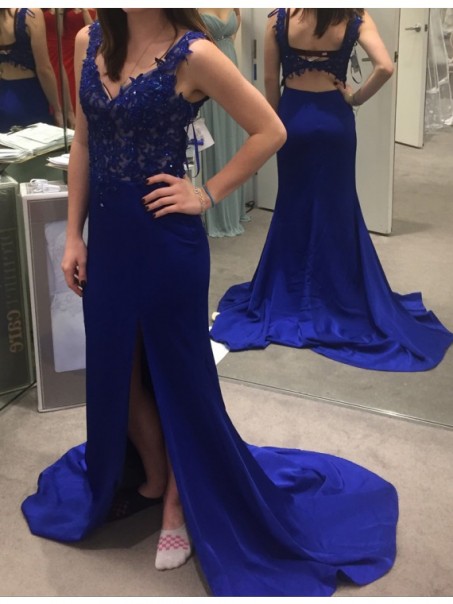 Long Blue Lace Appliques Prom Formal Evening Party Dresses 996021109