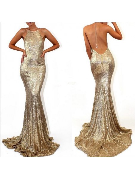Mermaid Halter Sequins Long Prom Formal Evening Party Dresses 996021116