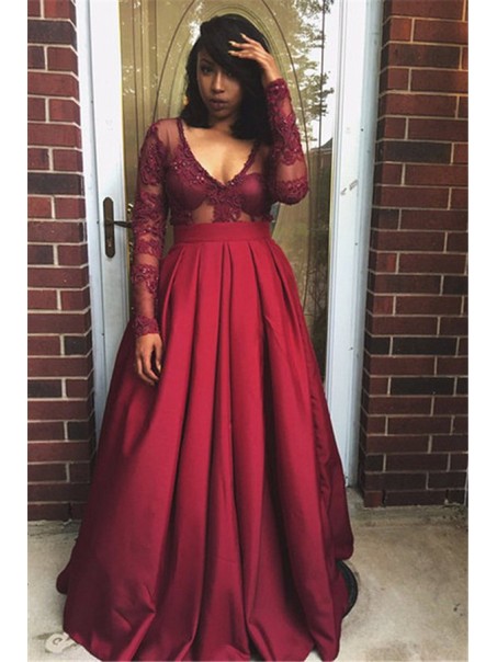Long Sleeves V-Neck Lace Long Prom Formal Evening Party Dresses 996021120