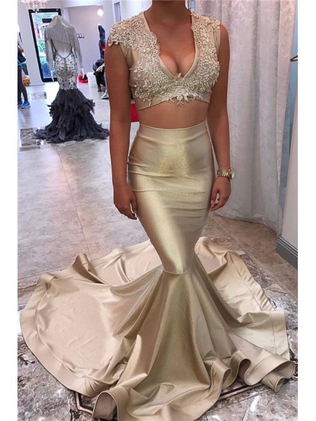 Two Pieces Mermaid Lace Prom Formal Evening Party Dresses 996021132