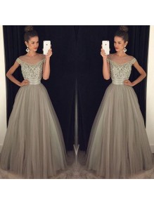 Beaded Off-the-Shoulder Tulle Ball Gown Prom Formal Evening Party Dresses 996021136