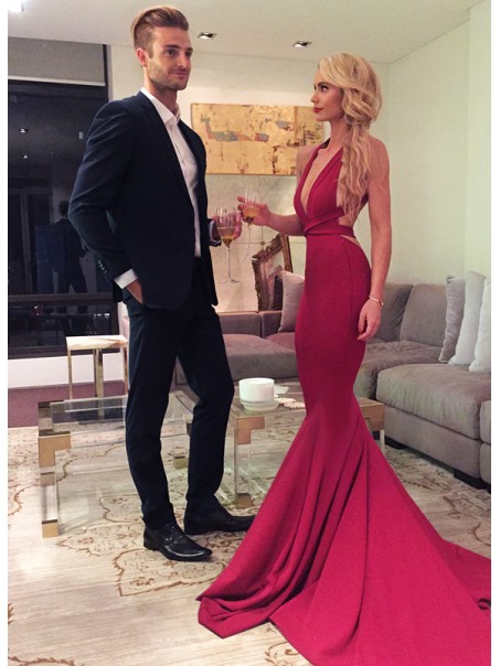 Sexy Red Mermaid Long Prom Formal Evening Party Dresses with Criss Criss Back 996021137