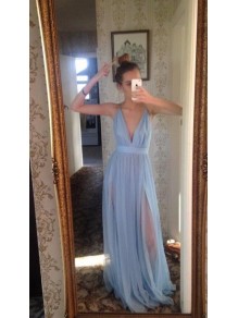 Long Blue V-Neck Prom Formal Evening Party Dresses 996021154