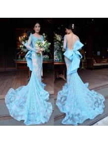 Mermaid Long Blue Lace Prom Formal Evening Party Dresses 996021156