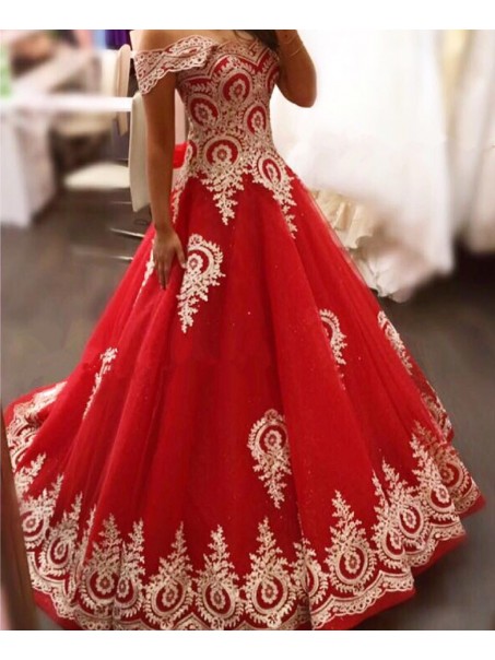 Long Red Off-the-Shoulder Ball Gown Prom Formal Evening Party Dresses with Gold Lace Appliques 996021158