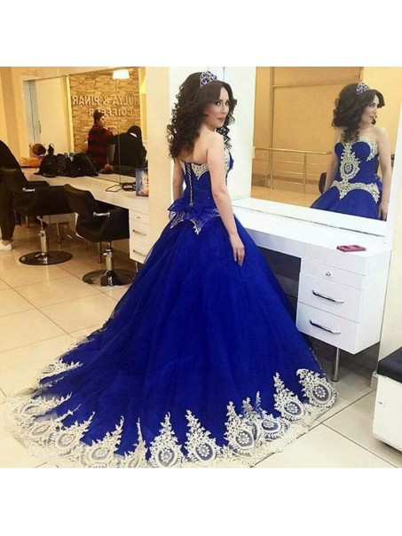 Long Blue Ball Gown Prom Formal Evening Party Dresses with Gold Lace Appliques 996021161