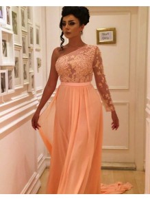 Long Chiffon One Sleeves Lace Prom Formal Evening Party Dresses 996021167