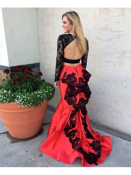Mermaid Long Sleeves Lace Black White Prom Formal Evening Party Dresses 996021169