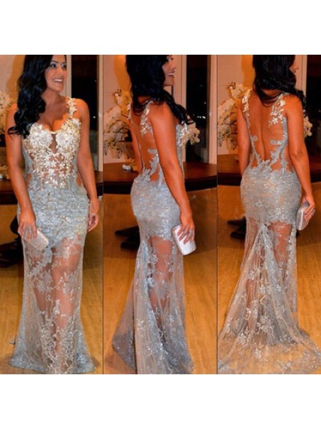 Long Silver Lace Prom Formal Evening Party Dresses 996021171