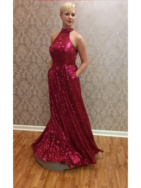 High Neck Sequins Long Prom Formal Evening Party Dresses 996021177
