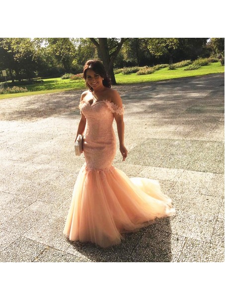 Mermaid Off-the-Shoulder Lace Tulle Long Pink Prom Formal Evening Party Dresses 996021179
