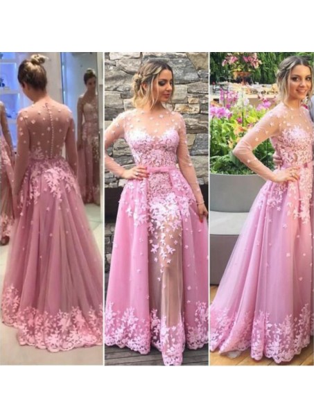 Long Pink Lace Long Sleeves Prom Formal Evening Party Dresses 996021182