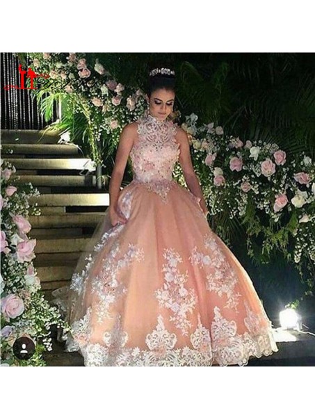 High Neck Beaded Lace Ball Gown Prom Formal Evening Party Dresses 996021184